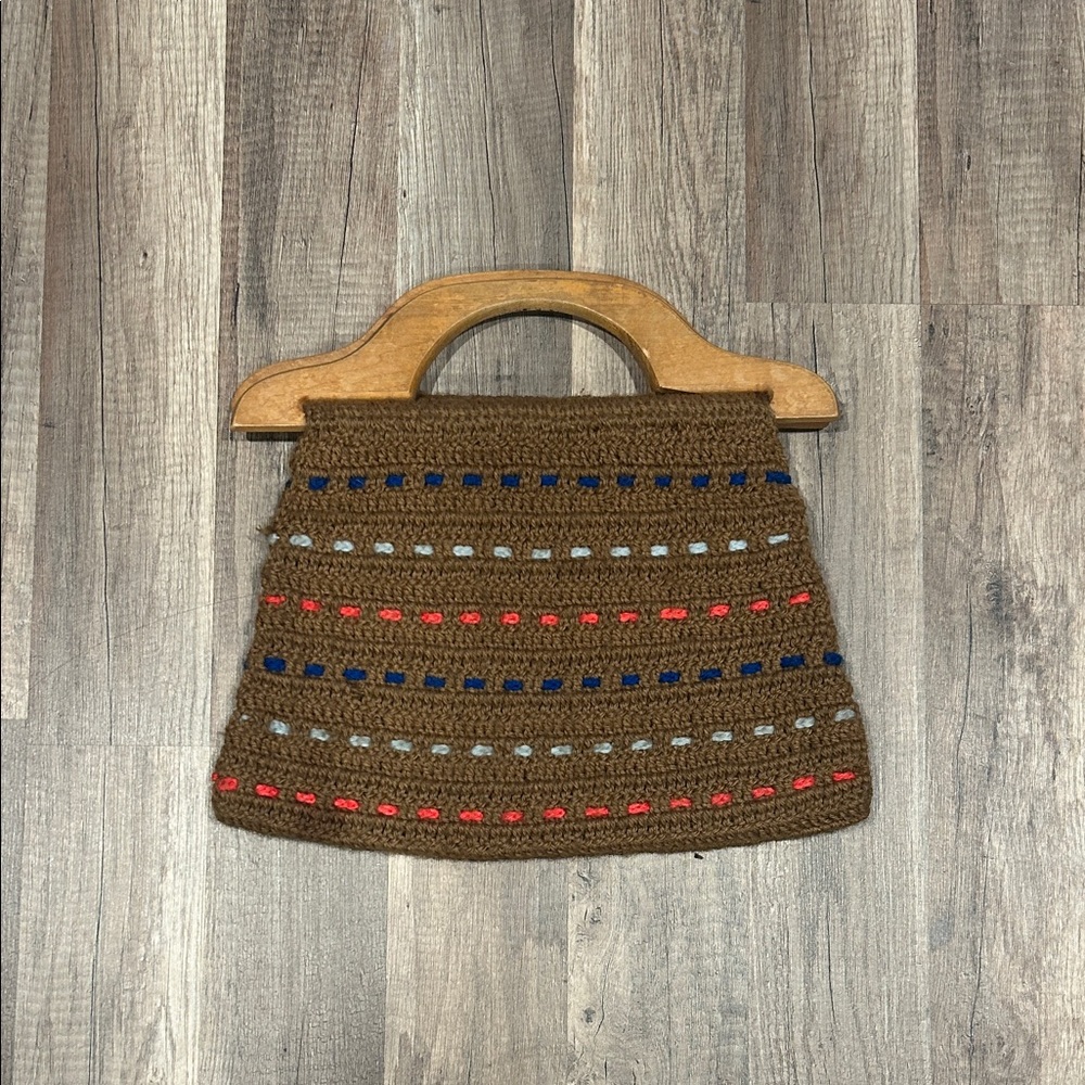 Vintage Brown Crochet Handbag with Wooden Handle